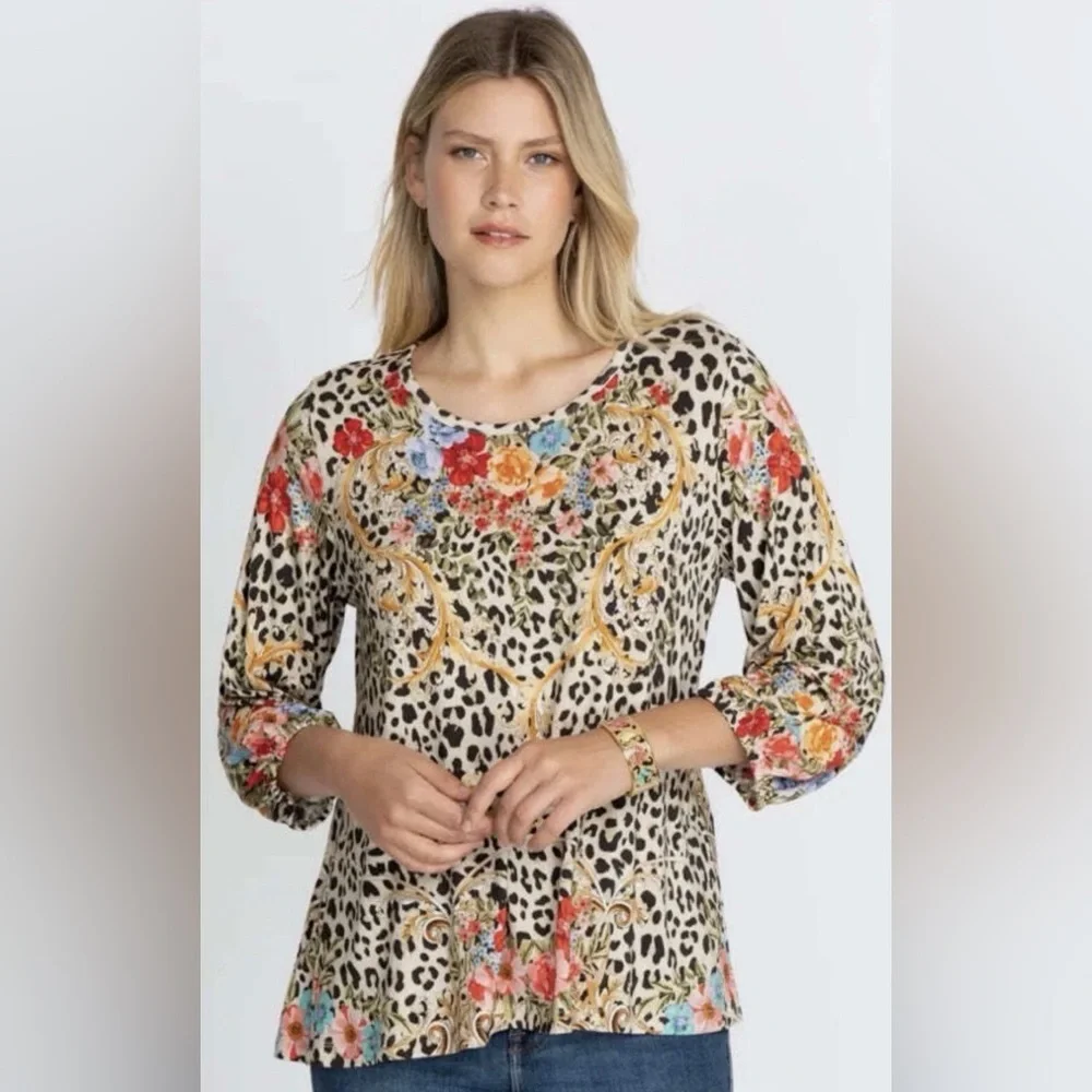 Johnny Was Leopard Floral Tunic Top Bamboo Viscose Puff Sleeve Boho XXS